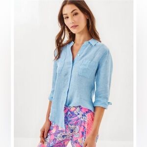 EUC Lilly Pulitzer Sea View Button Down In Blue Peri x Resort White